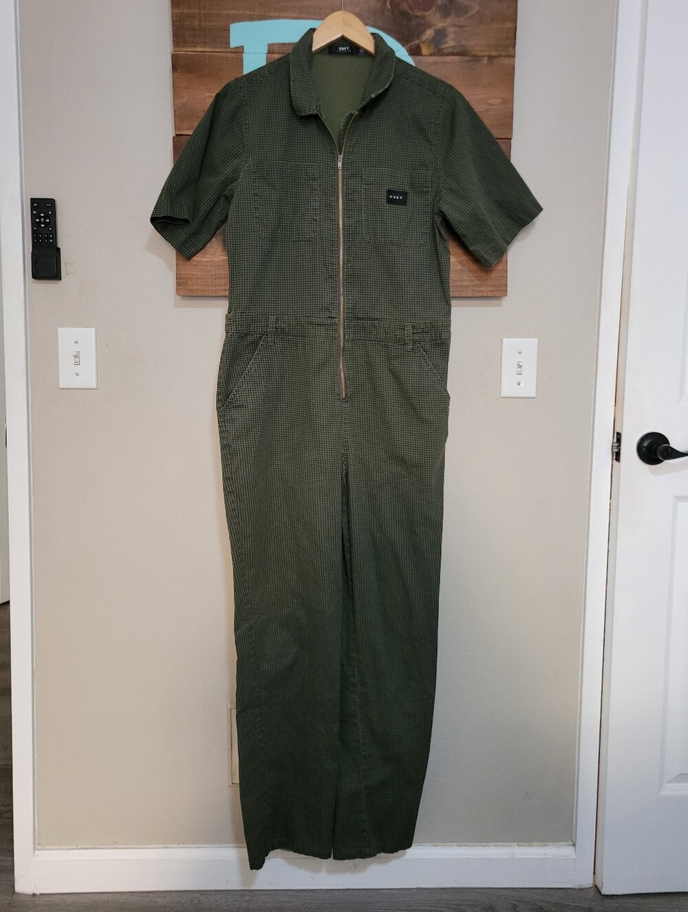 Obey Green And Black Houndstooth Short Sleeve Workwear Streetwear Jumpsuit M